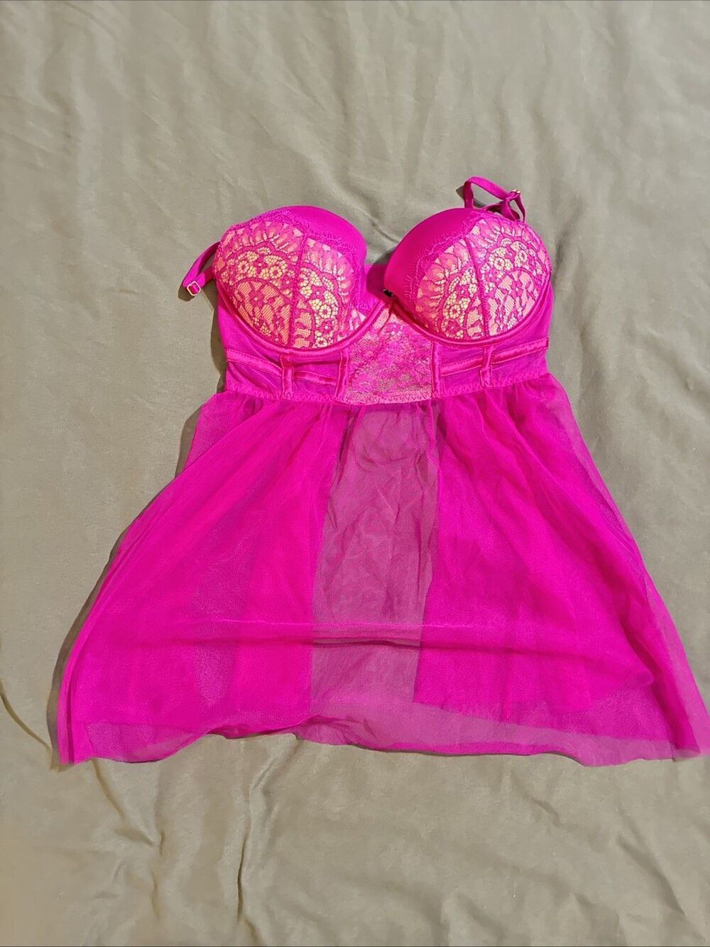 Victoria Secret 32D Sheer Lingerie Babydoll Purple Mesh Underwire Push Up Lace